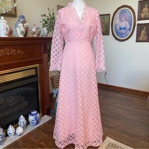 Vintage Liz Berg • Pink Lace Ruffle Collar Maxi Dress 60s-70s • Size S (Est)